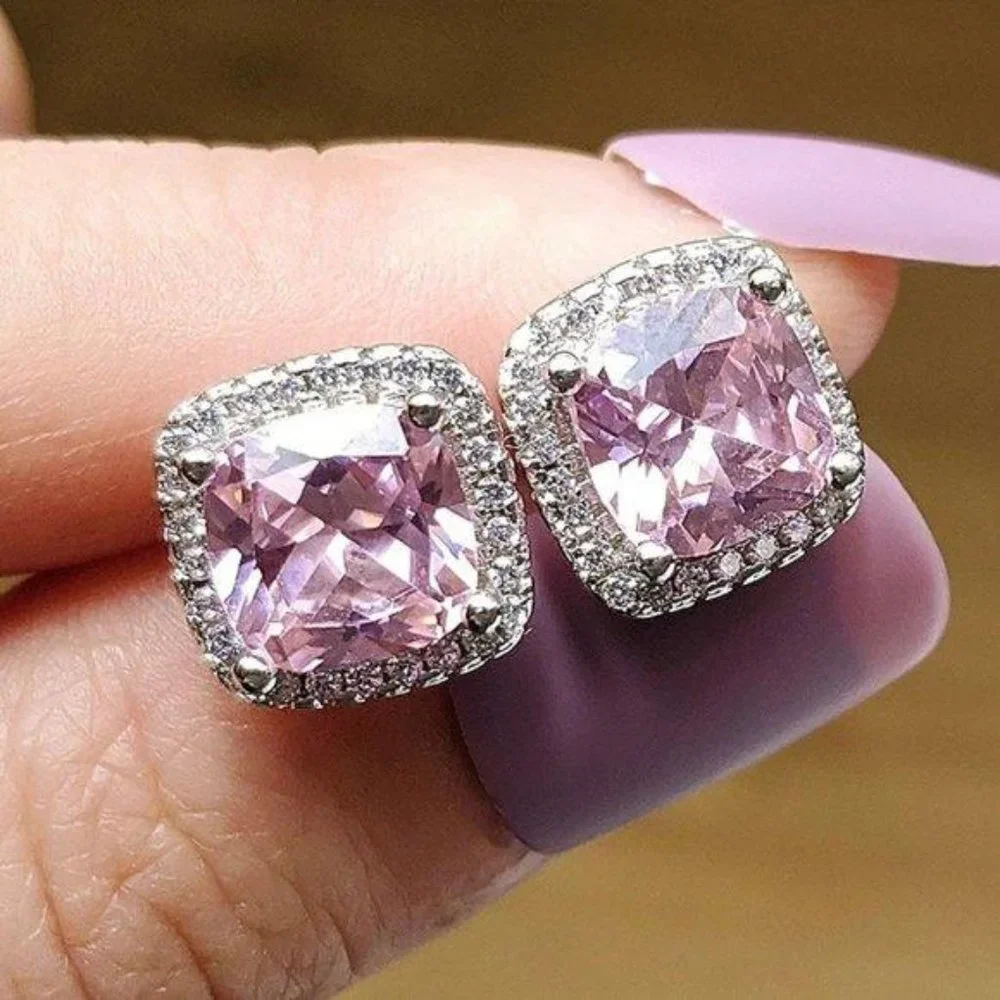 NEW 925 Silver Cushion Pink Sapphire Halo Studs - Picture 1 of 3
